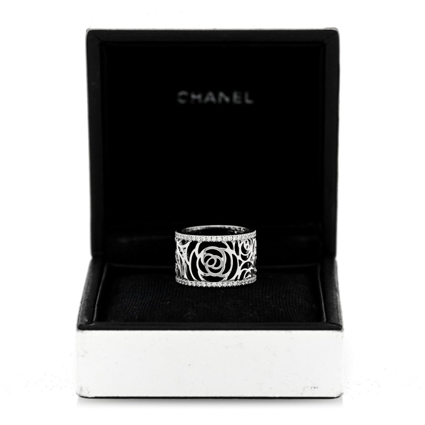 18K White Gold Diamond Camellia Ajoure Band Ring 50 5.5