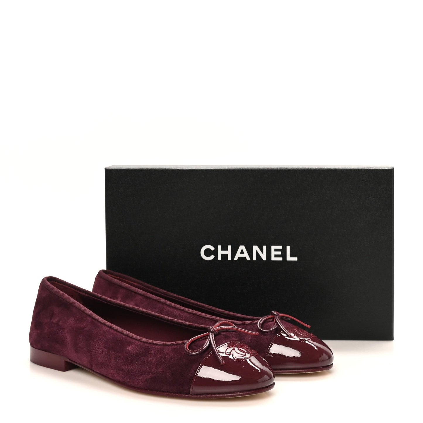 Suede Patent Calfskin Cap Toe CC Ballerina Flats 39 Burgundy