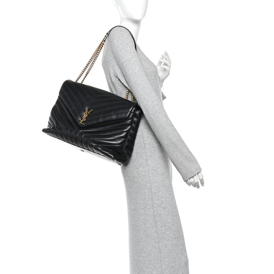 Calfskin Y Quilted Monogram Large Loulou Chain Satchel Black