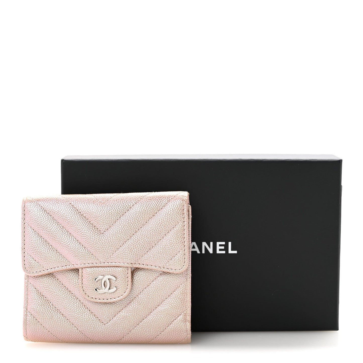 Metallic Caviar Chevron Quilted Compact Flap Wallet Light Gold