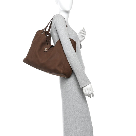 Grained Nubuck Calfskin Quilted Maxi Shopping Bag Dark Brown