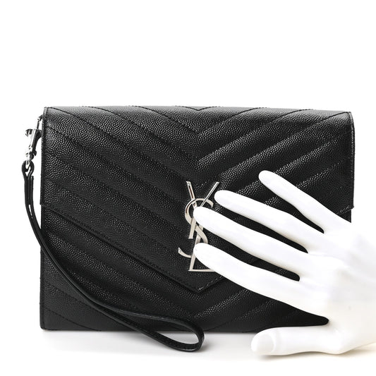 Grain De Poudre Matelasse Chevron Monogram Envelope Clutch Black