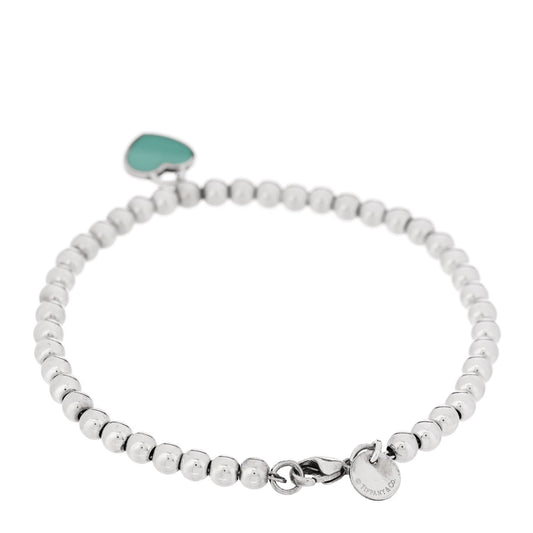 Sterling Silver Enamel 4mm Return To Tiffany Heart Tag Bead Bracelet Blue