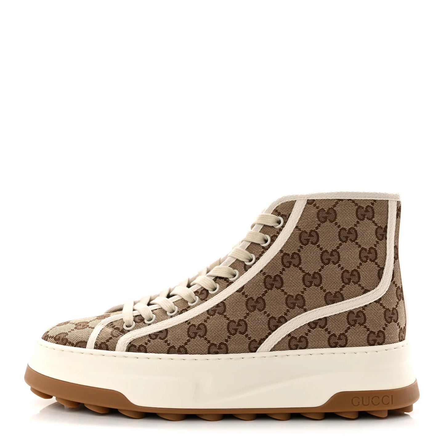 Gucci GG Monogram Mens 1977 Tennis High Top Platform 55mm Sneakers 8.5 Beige Ebony Mystic White