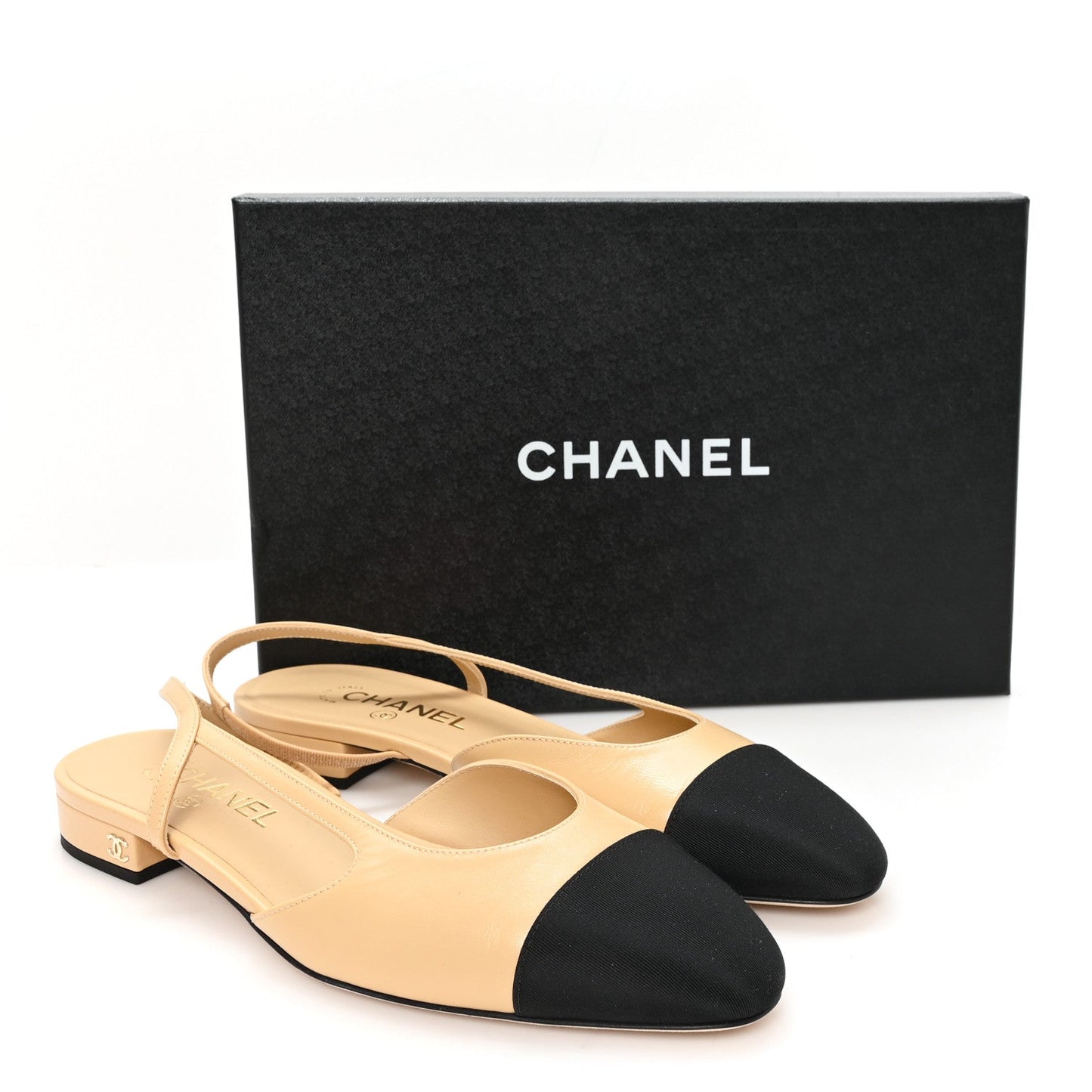 Lambskin Grosgrain Cap Toe CC Slingback Sandals 40 Beige Black