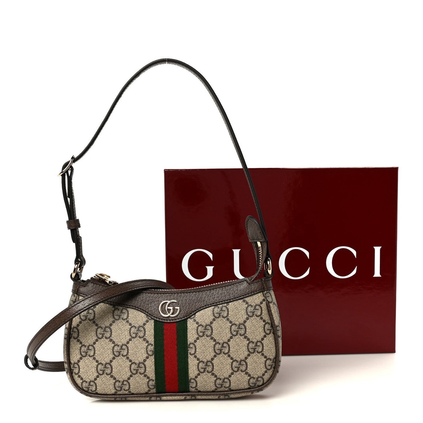 GG Supreme Monogram Textured Dollar Calfskin Web Mini Ophidia Shoulder Bag Beige Ebony New Acero