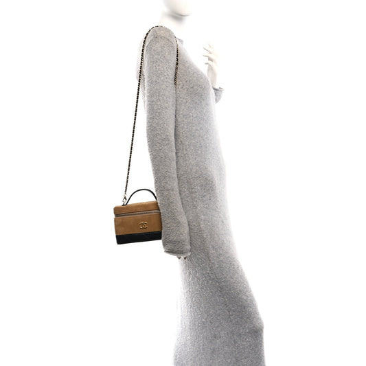 Suede Calfskin Shiny Lambskin Stitched Top Handle Slim Vanity Case With Chain Beige Black