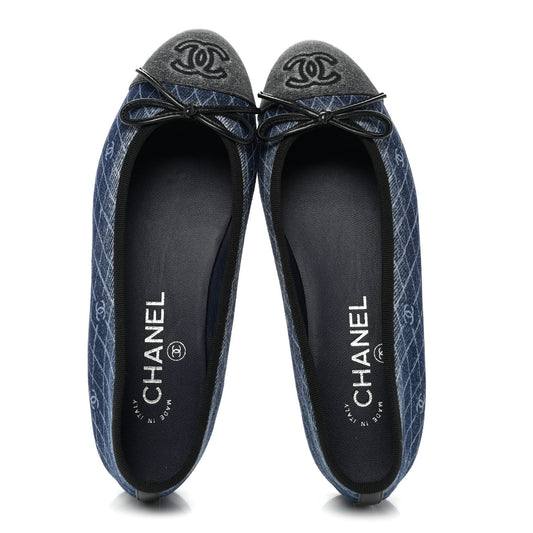 Denim Printed Quilt CC Cap Toe Ballerina Flats 35.5 Navy Blue Dark Grey