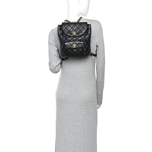 Lambskin Quilted Drawstring Backpack Black