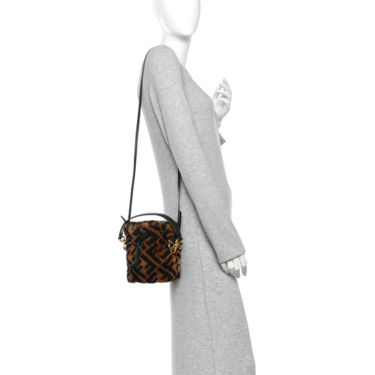Shearling Vitello Dolce F is Fendi Macro FF 1974 Mini Mon Tresor Bucket Bag Tobacco Black