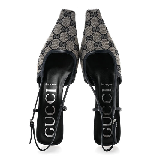 Gucci GG Monogram Malaga Kid Square G 75mm Slingback Pumps 40 Black