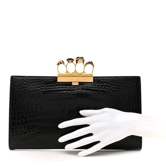 Alexander McQueen Calfskin Crocodile Embossed Knuckle Flat Clutch Black Gold