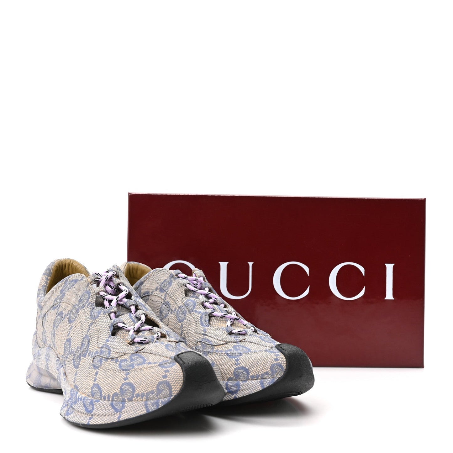Ultralight Plume Calfskin Monogram Printed Mens Gucci Run Sneakers 8.5 Beige Blue