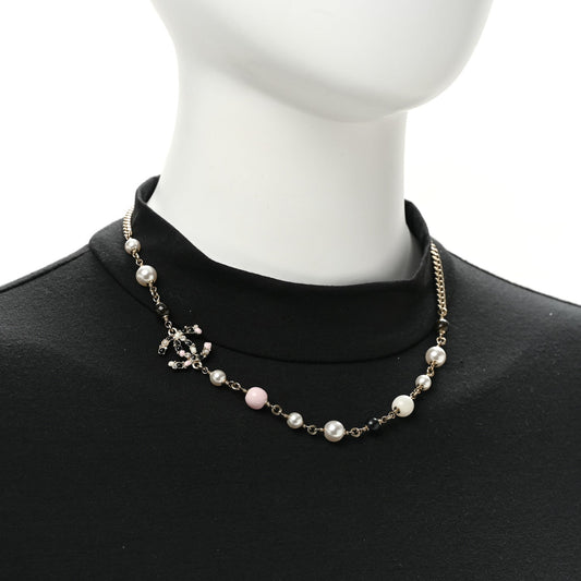 Pearl Beaded CC Necklace Gold Black White Pink