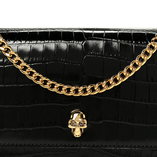 Alexander McQueen Calfskin Crocodile Embossed Skull Mini Shoulder Bag Black