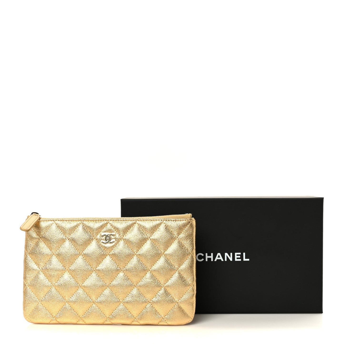 Metallic Caviar Quilted Small Zipped Pouch Gold