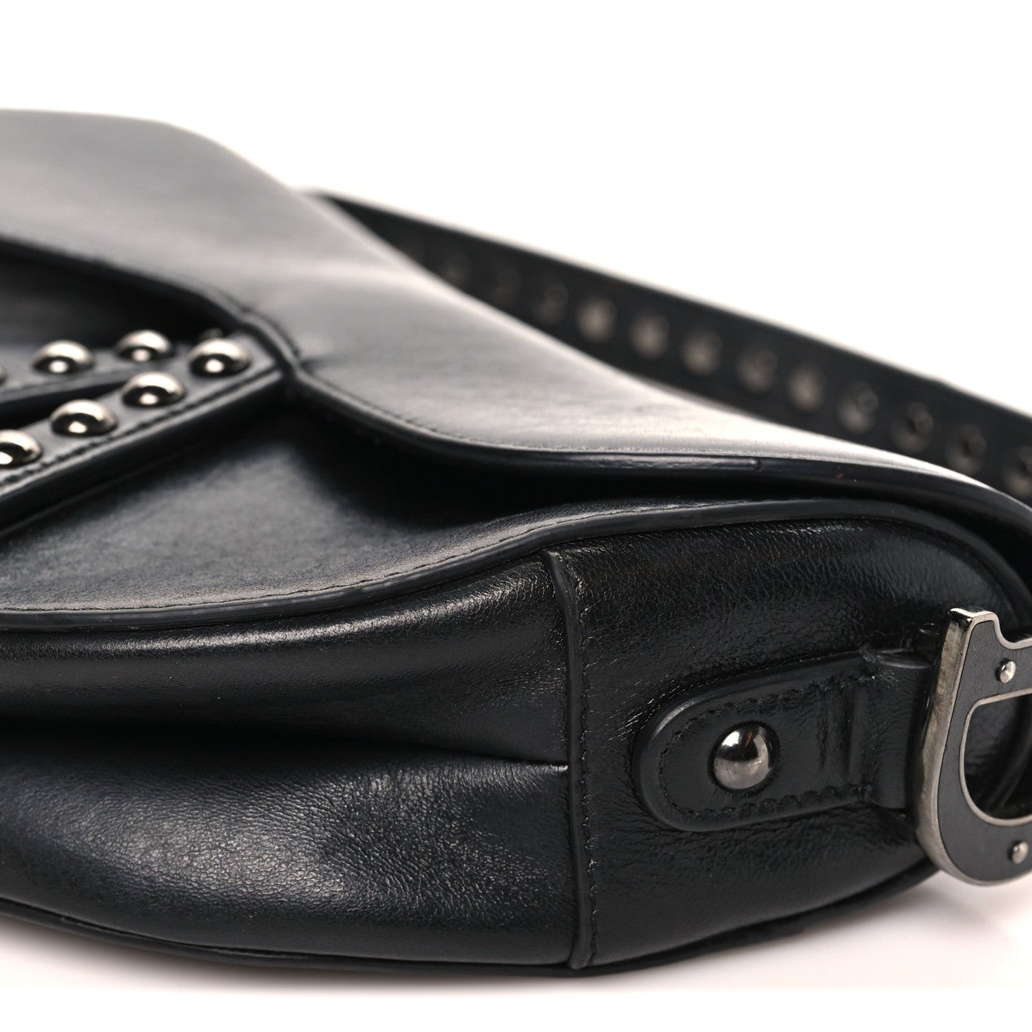 Shiny Crinkled Calfskin Studded Saddle Bag Black