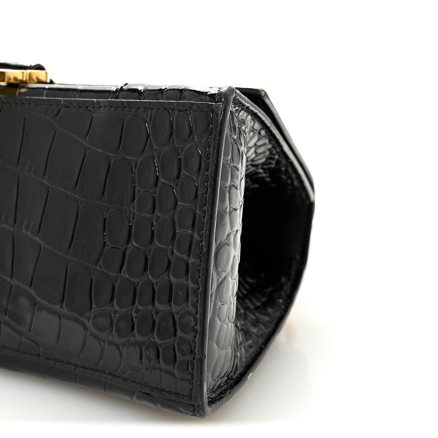 Shiny Calfskin Crocodile Embossed Small Hourglass Top Handle Bag Black