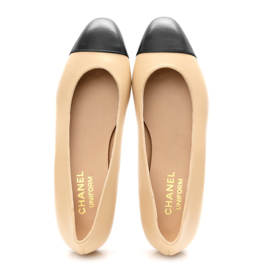 Lambskin Cap Toe CC Uniform Ballerina Flats 38 Beige Black