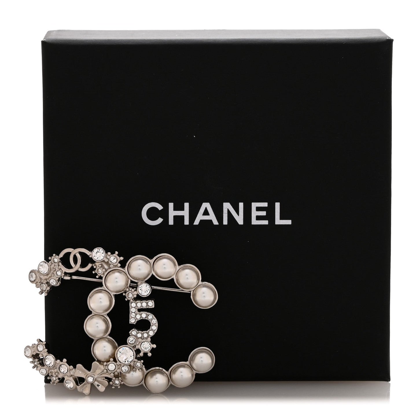Crystal Pearl CC Star Coco Flapper Brooch Silver
