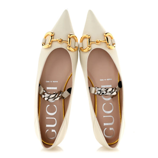 Gucci Nappa Lumiere Deva Horsebit Chain Embellished Flats 35.5 Dusty White