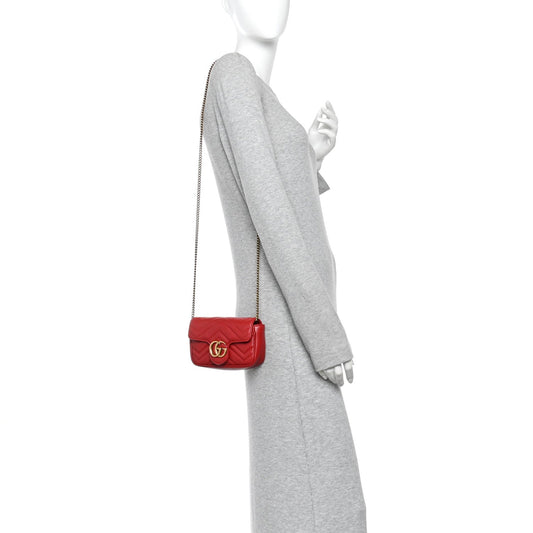 Calfskin Matelasse Super Mini GG Marmont Shoulder Bag Hibiscus Red