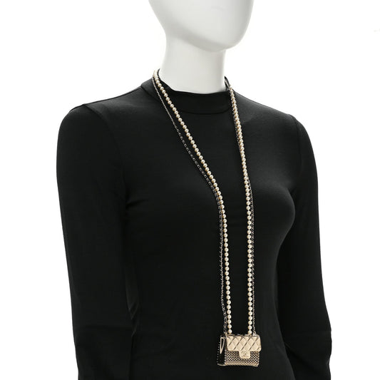 Metal Lambskin Pearl Chain Flap Bag Long Necklace Gold Black Pearly White