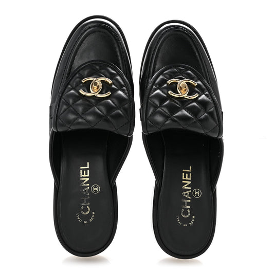 Lambskin Quilted CC Turnlock Mules 39.5 Black