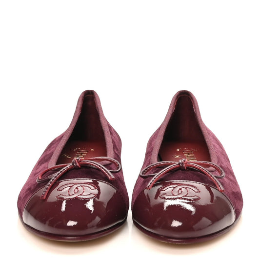 Suede Patent Calfskin Cap Toe CC Ballerina Flats 39 Burgundy