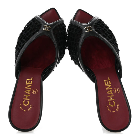 Mesh Cotton Lambskin Coco Beach Mules 36 Black