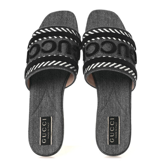 Gucci Plain Spain Denim Logo Slide Sandals 37 Light Blue