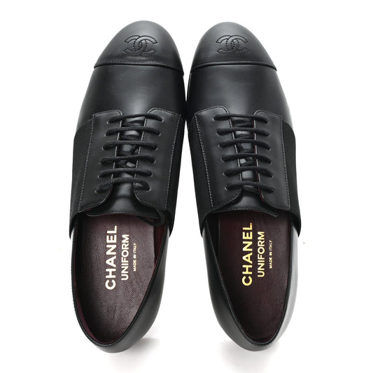 Calfskin Elastic Lace Up Cap Toe CC Loafers 37.5 Black