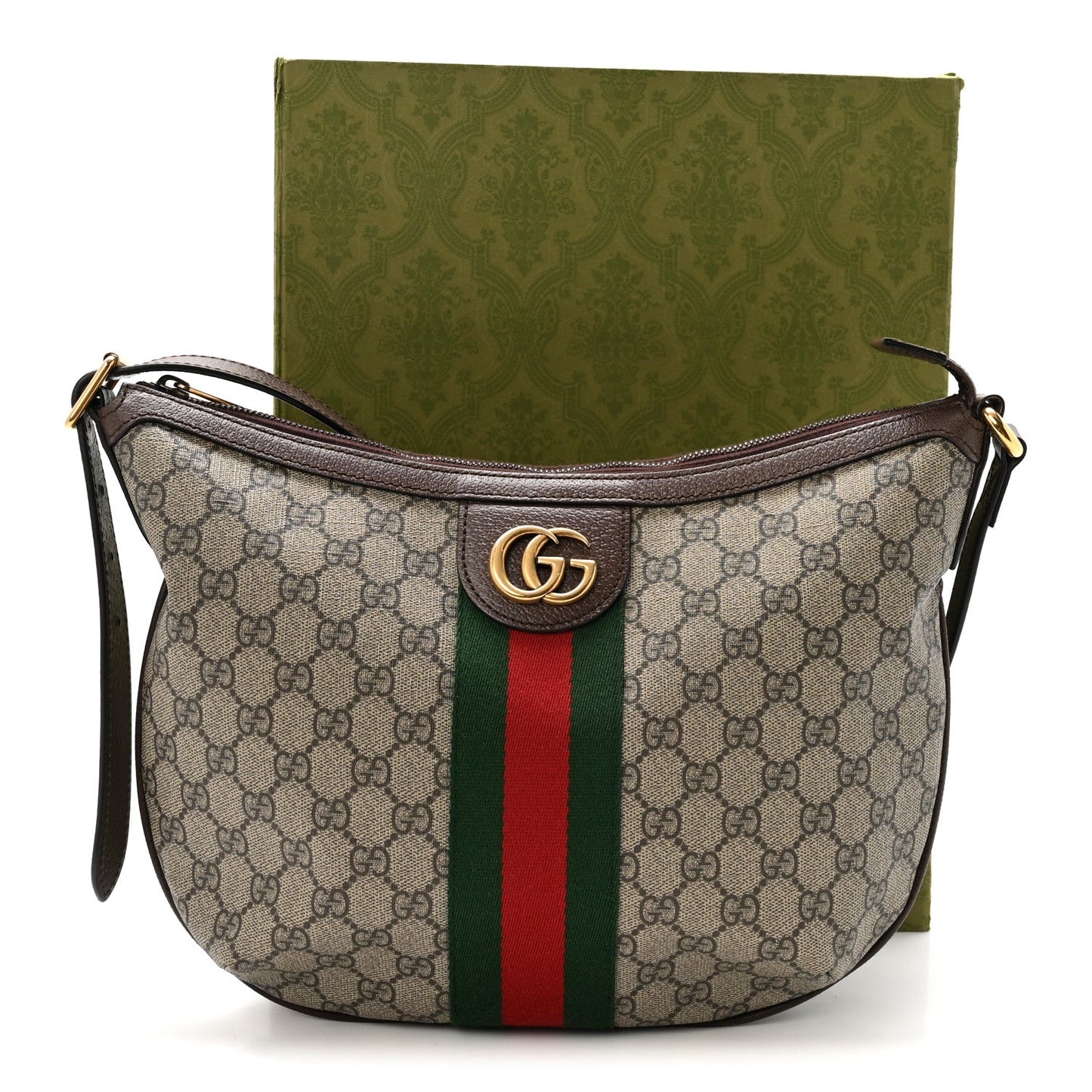 GG Supreme Monogram Web Small Ophidia Half Moon Hobo Brown