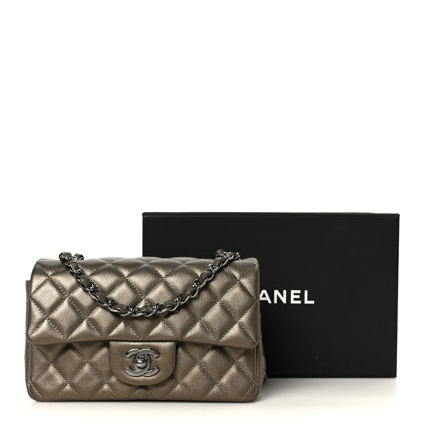 Iridescent Caviar Quilted Mini Rectangular Flap Bronze