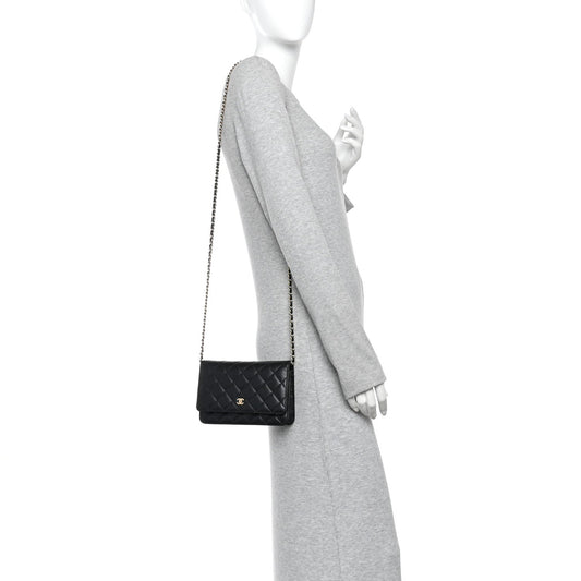 Lambskin Quilted Wallet On Chain WOC Black