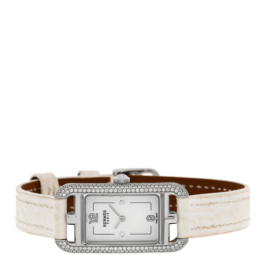 Stainless Steel Alligator Diamond Bezel Mother of Pearl 17mm Nantucket Quartz Watch Blanc