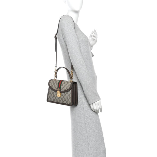 GG Supreme Monogram Textured Dollar Calfskin Web Small Ophidia Padlock Top Handle Bag Beige Ebony New Acero