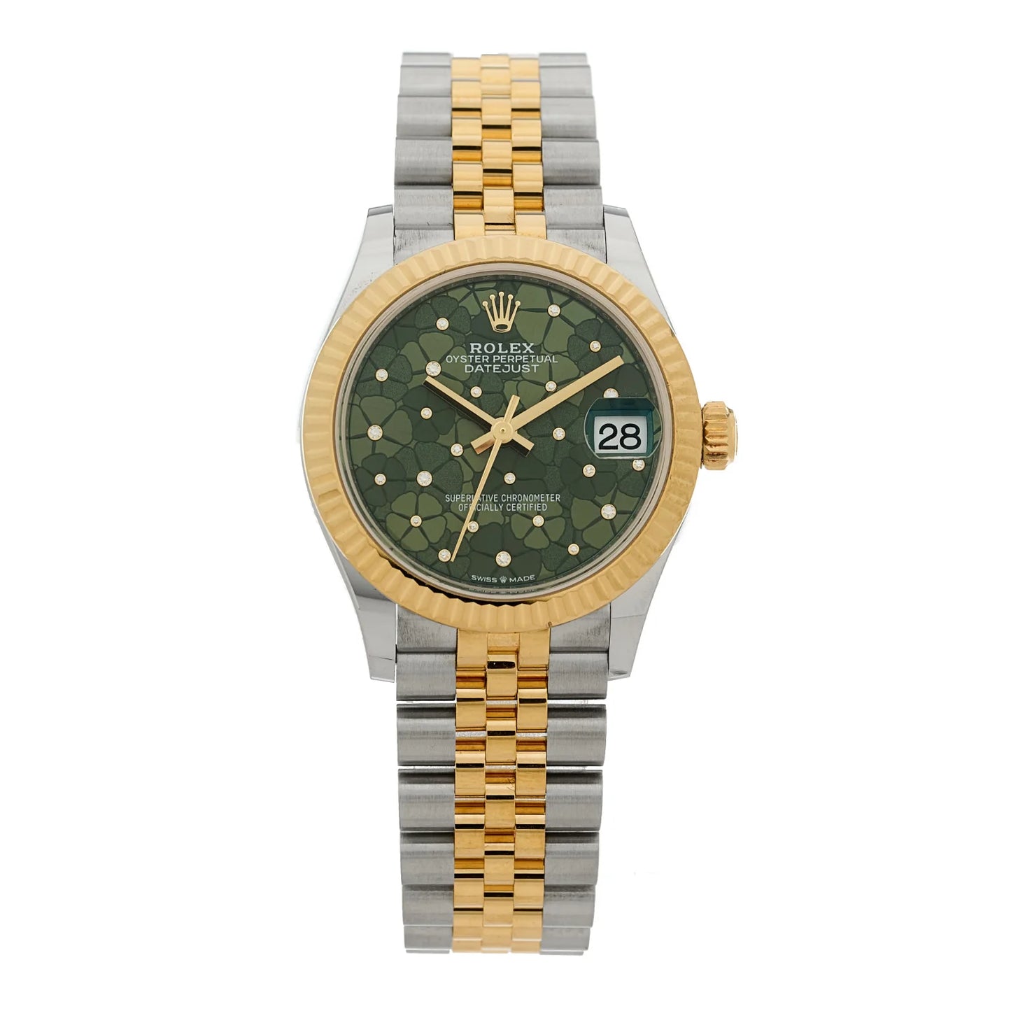 Rolex Stainless Steel 18K Yellow Gold Diamond 31mm Oyster Perpetual Datejust Watch Green Floral 278273