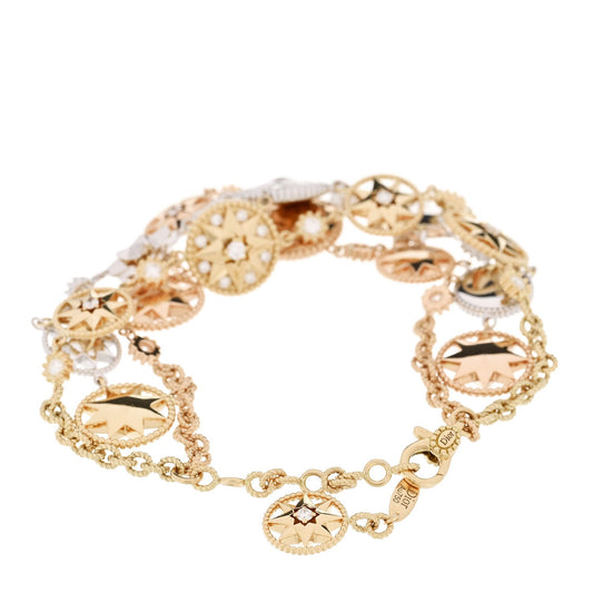 18K Yellow White Rose Gold Diamond Rose et Etoile Des Vents Triple Chain Bracelet