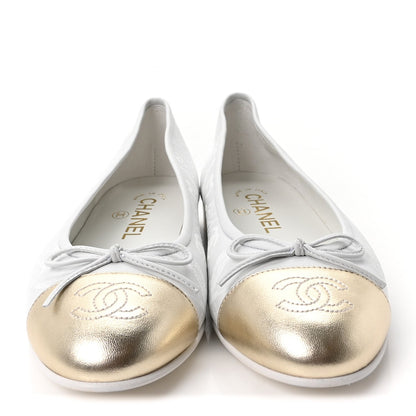 Lambskin Metallic Lambskin Cap Toe CC Ballet Flats 36 White Gold