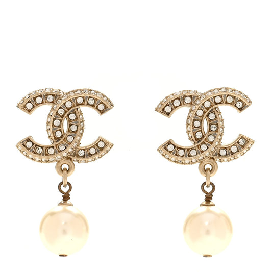 Crystal Timeless CC Pearl Drop Earrings Light Gold