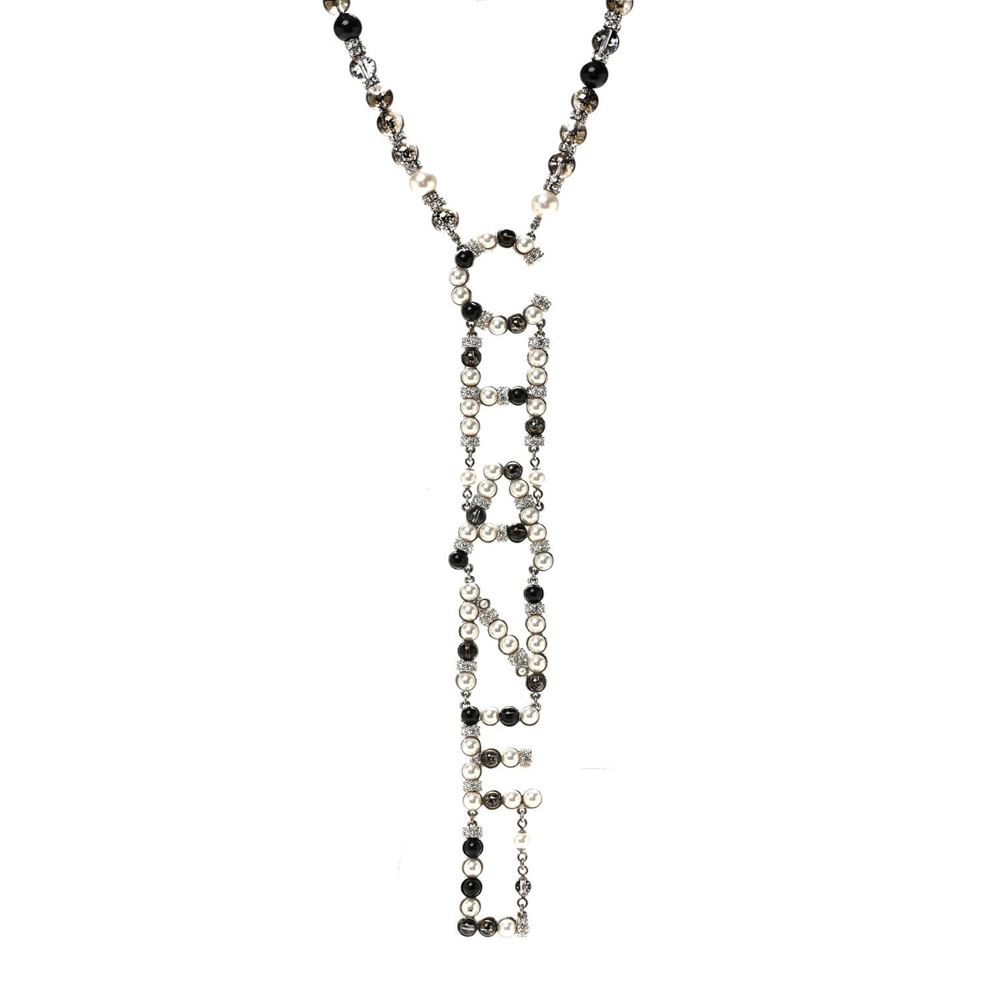 Pearl Crystal Bead Chanel Logo Necklace Silver