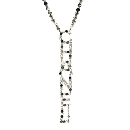 Pearl Crystal Bead Chanel Logo Necklace Silver
