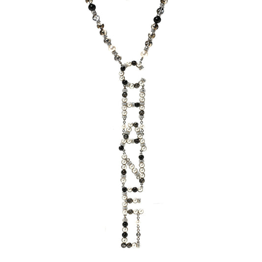 Pearl Crystal Bead Chanel Logo Necklace Silver