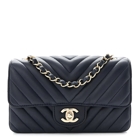 Lambskin Chevron Quilted Mini Rectangular Flap Navy