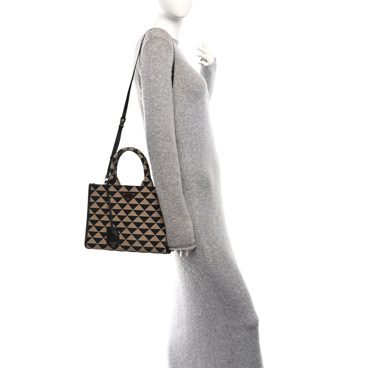 Jacquard Saffiano Triangolo Symbole Embroidered Small Tote  Black Corda