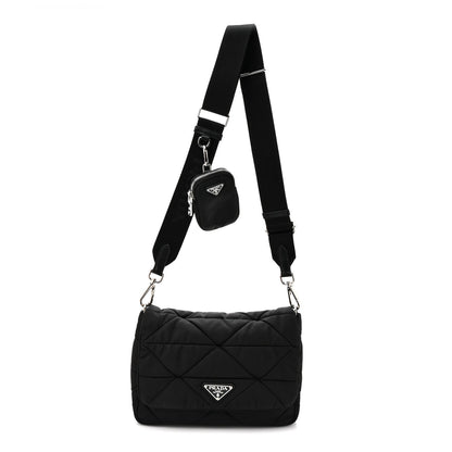 Re-Nylon Quilted Padded Flap Shoulder Bag Black