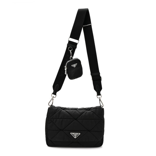 Re-Nylon Quilted Padded Flap Shoulder Bag Black