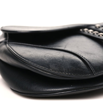 Shiny Crinkled Calfskin Studded Saddle Bag Black