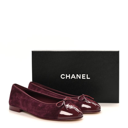 Suede Patent Calfskin Cap Toe CC Ballerina Flats 39 Burgundy